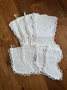 Set of 8 Vintage White Embroidered Lace-Trim Christmas Stockings
